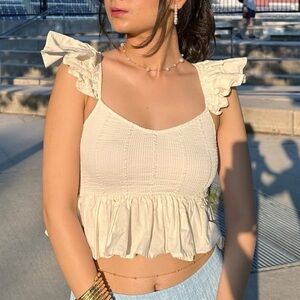 ZARA White Cotton Flounced Sleeve Crop Top